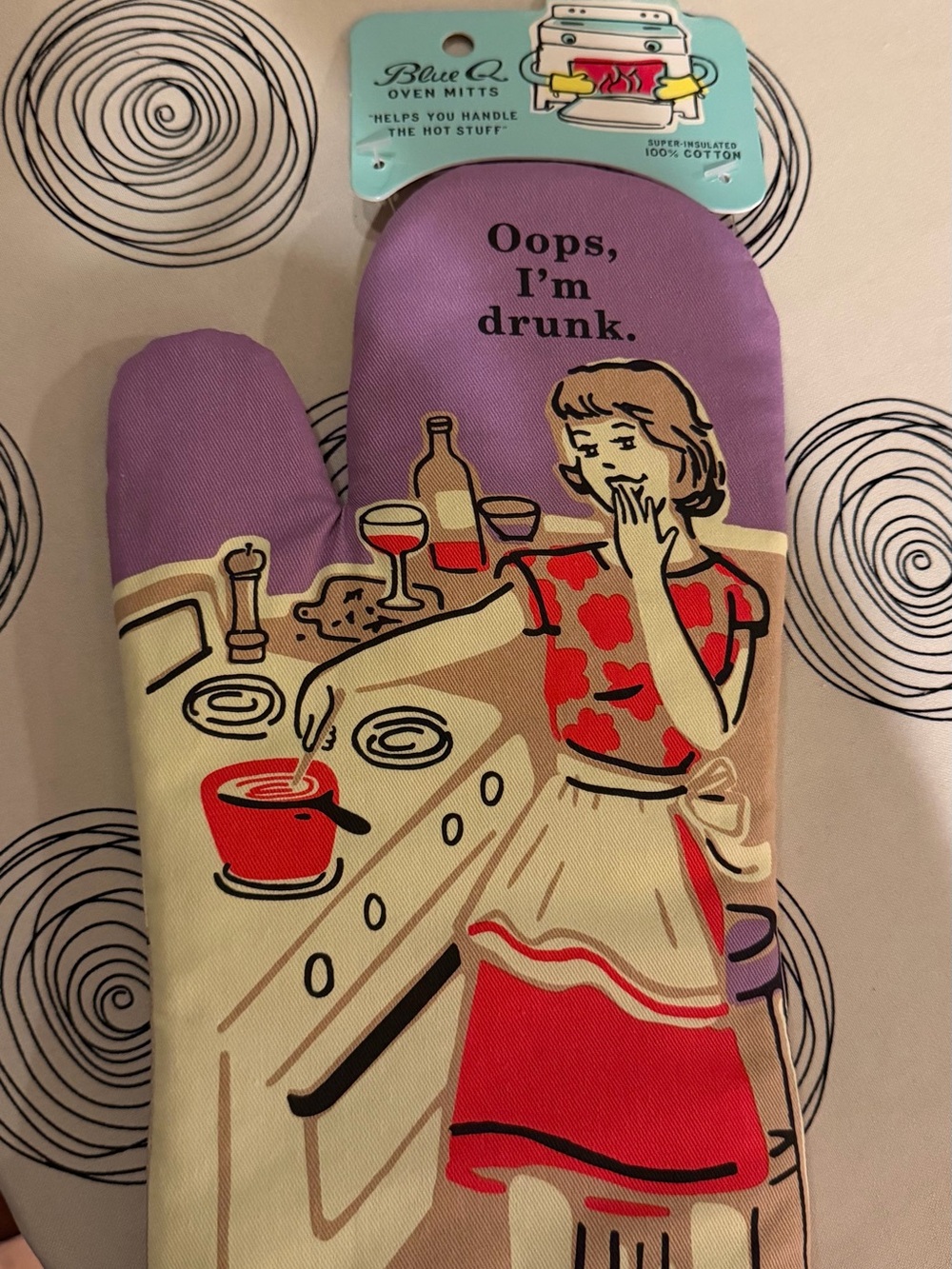 Blue Q Oven Mitt Purple and Red Retro 'Oops, I'm Drunk' Oven Mitt New with tags